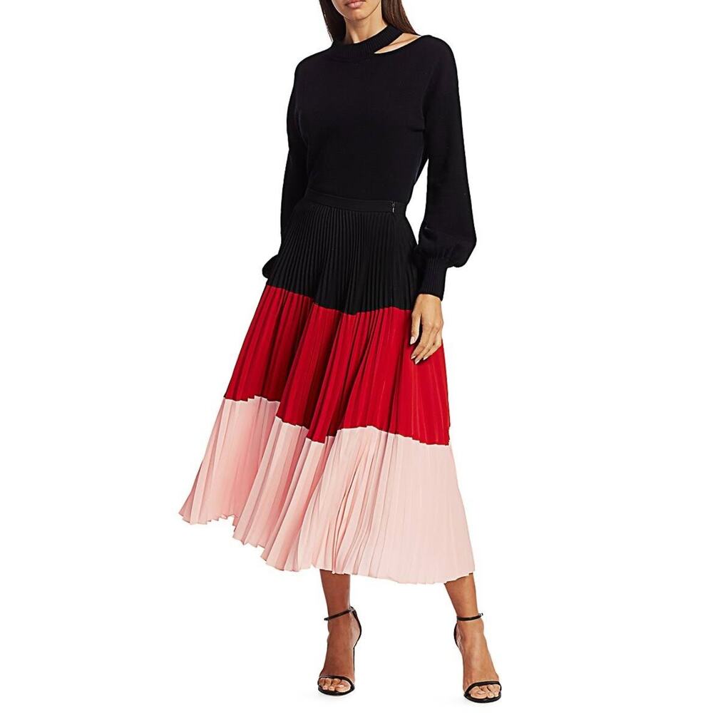 Akris Punto Colorblock Plissé Pleated Midi Skirt Red Pink Size 10 FLAW